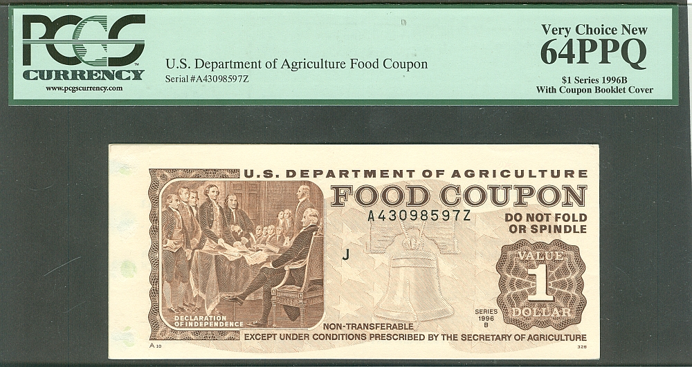 USDA Food Coupon, Series 1996B $1, Very Choice CU, PCGS64-PPQ